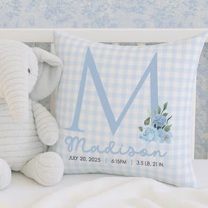 May include: A light blue and white gingham pillow with a large letter "M" and the name "Madison" printed in a script font. The pillow also features blue floral accents and birth details: July 20, 2025, 6:15PM, 3.5 lbs, 21 in.