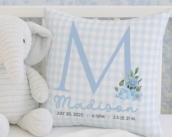 Personalized Girl Initial and Name Throw Pillow, Gingham Nursery Decor, Custom Monogram Pillow, New Baby Gift, Vintage Nursery Decor
