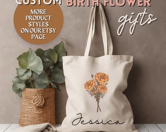 Personalized Birth Flower Tote Bag, October Flower, Personalized Birth Month, Gift Book Lover, Gift Gardener, Birthday Gift, BFF, Marigold