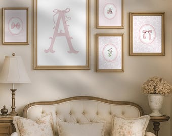 Set stampabile di toile cottagecore rosa con motivo a quadretti, monogramma per bambina, stampa con iniziale rosa personalizzata per bambina, monogramma per baby shower