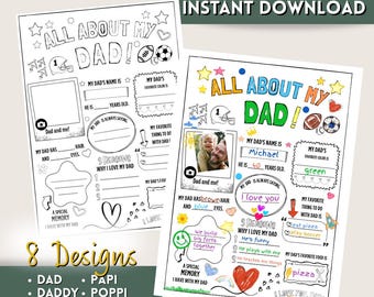 Regalo di compleanno per papà dai bambini, sondaggio stampabile "Tutto su mio papà", questionario su mio padre, moduli per la festa del papà, attività per papà, compleanno del papà