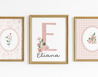 Set di decorazioni da parete per la cameretta dei bambini con monogramma - Stampe personalizzate con iniziali per neonata - Decorazioni Toile Coquette personalizzate per regali per baby shower o decorazioni per la cameretta dei bambini