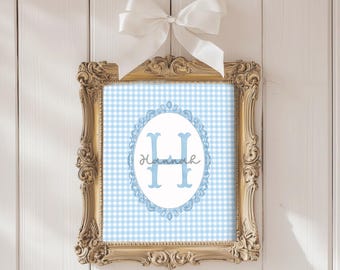 Stampa con monogramma Gingham, nome con stampa, iniziali personalizzate vintage Coquette, stampa con monogramma Cottagecore Vintage per cameretta dei bambini, stampa con monogramma per baby shower
