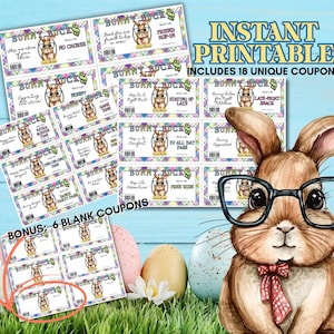 Easter Bunny Bucks, Printable Easter Gift for Kids, Fun Easter Basket Stuffer Reward, Easter Coupons, Instant Download, Editable Bunny Money