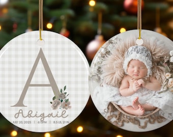 Personalized Gingham Baby Stats Birth Ornament, Custom Birth Announcement Keepsake, Babys 1st Christmas Ornament, GrandMillenial Ornament
