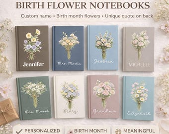 Quaderno personalizzato con bouquet di fiori di nascita, diario floreale personalizzato per il mese di nascita, regalo di compleanno unico per lei, regalo di compleanno