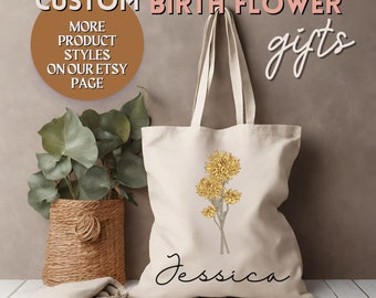 Birth Month Flower Personalized Canvas Tote Bag,Maid of Honor gift,  Bachelorette Bridesmaid gifts, Birthday Gift for her, Personalized Tote