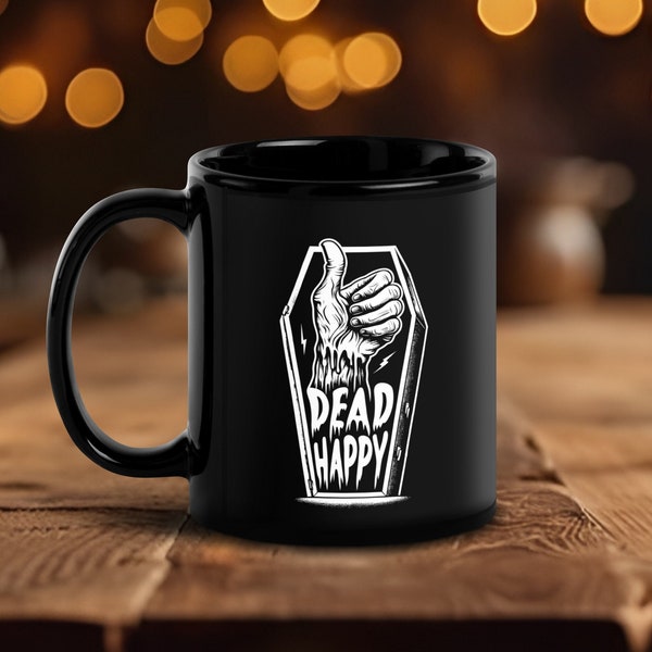 Retro Black Glossy Mug / Dead Happy Emo Zombie Graphic Printed Large Mug / Coffee Lover Gift / Espresso Addict Present / Gifts under 25