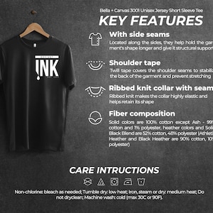 May include: Black short-sleeved t-shirt with the word "INK" printed in white. The t-shirt has side seams, shoulder tape, and a ribbed knit collar. The t-shirt is made of 100% cotton, except for Ash, which is 99% cotton and 1% polyester. The care instructions include machine washing cold, tumble drying low, and ironing on a medium heat setting.