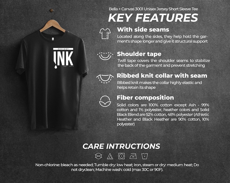 May include: Black short-sleeved t-shirt with the word "INK" printed in white. The t-shirt has side seams, shoulder tape, and a ribbed knit collar. The t-shirt is made of 100% cotton, except for Ash, which is 99% cotton and 1% polyester. The care instructions include machine washing cold, tumble drying low, and ironing on a medium heat setting.