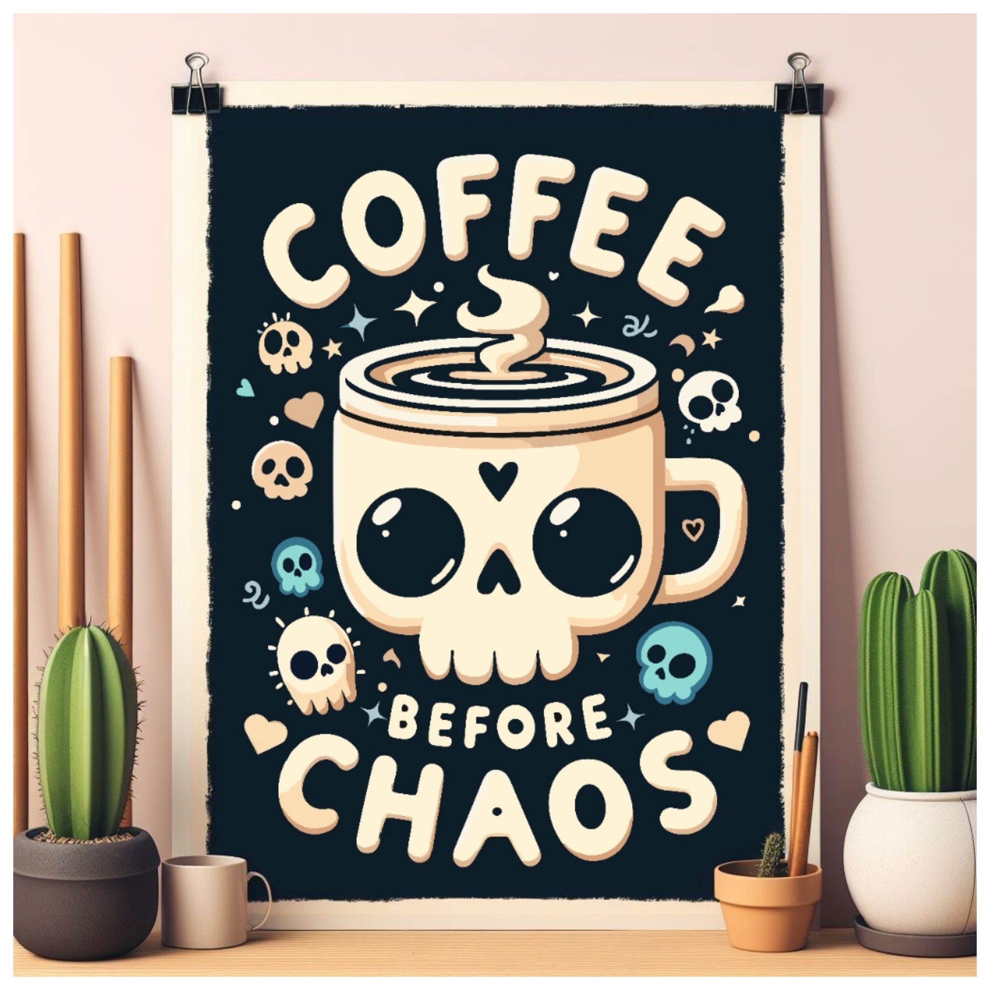 Cute Retro Poster / Coffee Before Chaos / Boho Art Print / Spooky Emo ...