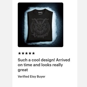 5 star review of this premium blackout Merry Krampus graphic shirt! This complex print features a highly detailed gothic Horror inspired take on the legendary Krampus with the words Merry Krampus. Premium material, unisex and eco friendly