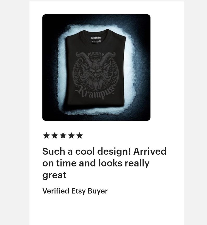 5 star review of this premium blackout Merry Krampus graphic shirt! This complex print features a highly detailed gothic Horror inspired take on the legendary Krampus with the words Merry Krampus. Premium material, unisex and eco friendly