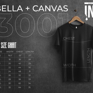 May include: Size chart for Bella + Canvas 3001 unisex t-shirts. The chart shows measurements in inches for XS to 5XL sizes, including width, chest, and length.