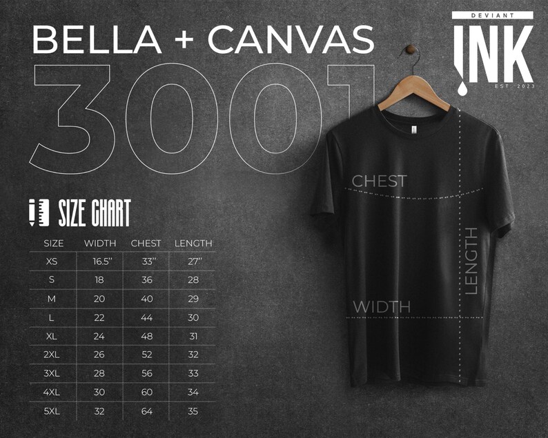 May include: Size chart for Bella + Canvas 3001 unisex t-shirts. The chart shows measurements in inches for XS to 5XL sizes, including width, chest, and length.