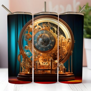 May include: A gold and black steampunk-style clock with intricate gears and a Roman numeral clock face. The clock is set against a blue background.