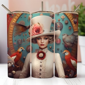 Victorian Bird Whisperer 20oz Tumbler Wrap, Digital Download, Vintage, Victorian, Floral Hat, Steampunk, Artistic, Unique, Collectible. 1070