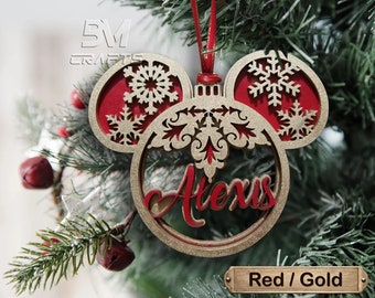 Disney Mickey Inspired Custom Christmas Tree Ornament  Personalized Mickey Mouse Family Present Custom Christmas Tag Gift Red Gold