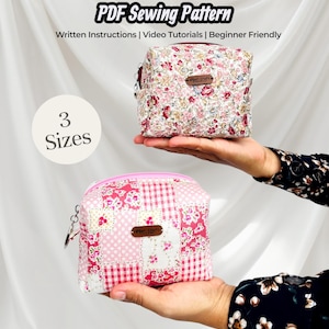 Patrón de costura para bolsa de maquillaje acolchada (PDF) / Patrón de bolsa cuadrada (3 tamaños) / Apto para principiantes