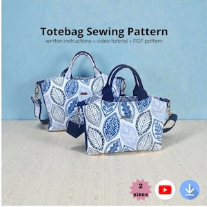 May include: Two tote bags with a blue and white leaf pattern. The bags have navy blue handles and straps. The text "Totebag Sewing Pattern" is at the top of the image, with additional text below. The bags are on a light wood-grain surface.