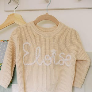 Custom Milestone Baby Name Sweater, Hand Embroidered Name Sweater