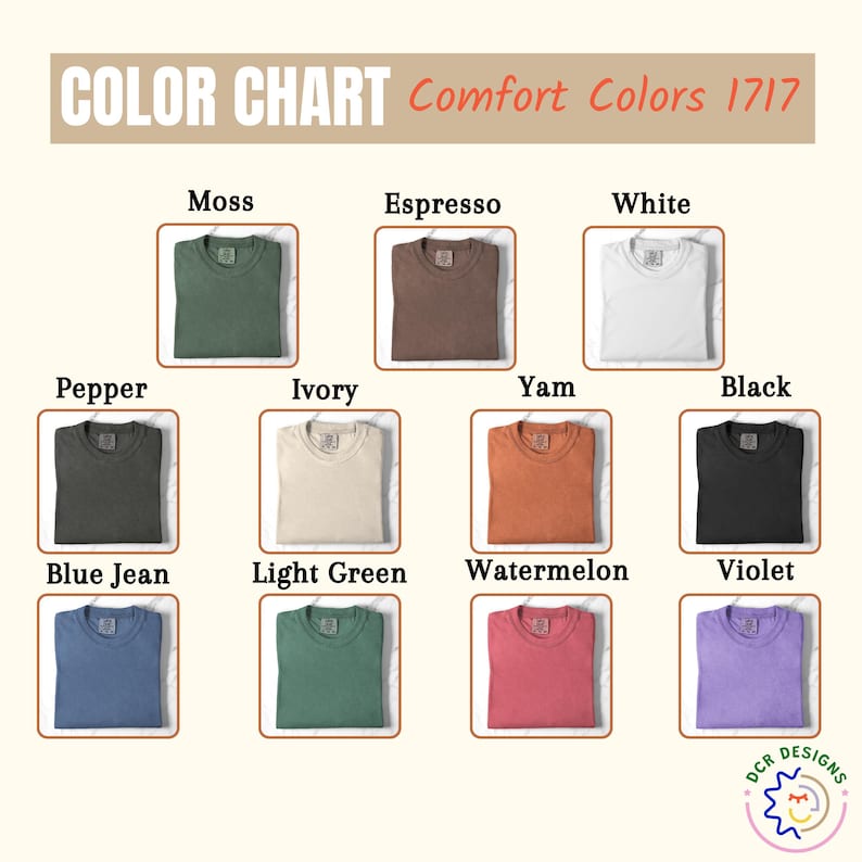 Pu&ograve; includere: Tabella colori che mostra t-shirt Comfort Colors 1717 in varie tonalit&agrave;. I colori includono Moss, Espresso, White, Pepper, Ivory, Yam, Black, Blue Jean, Light Green, Watermelon e Violet. L'immagine include il testo "COLOR CHART Comfort Colors 1717".