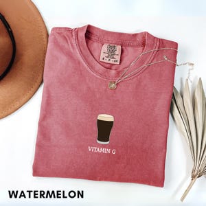 Pu&ograve; includere: T-shirt color anguria con girocollo e maniche corte. La maglietta presenta una grafica di una birra scura con la scritta "VITAMIN G" sotto. Sono visibili anche una collana d'argento e un cappello marrone.