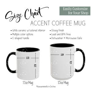 アクセントコーヒーマグのサイズ表 | 11オンスと15オンスの製品詳細説明と寸法 | カスタマイズ可能な透明PNG