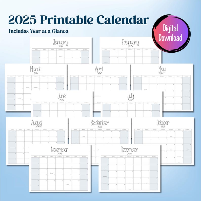 Printable 2025 Monthly Calendar Instant Digital PDF Download Print