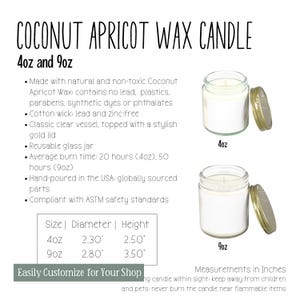 Gráfico de detalhes de velas de vidro de cera de damasco de coco (jarra transparente) | 4 onças e 9 onças | Ferramenta POD | Descrição do produto Aide | PNG transparente para personalizar