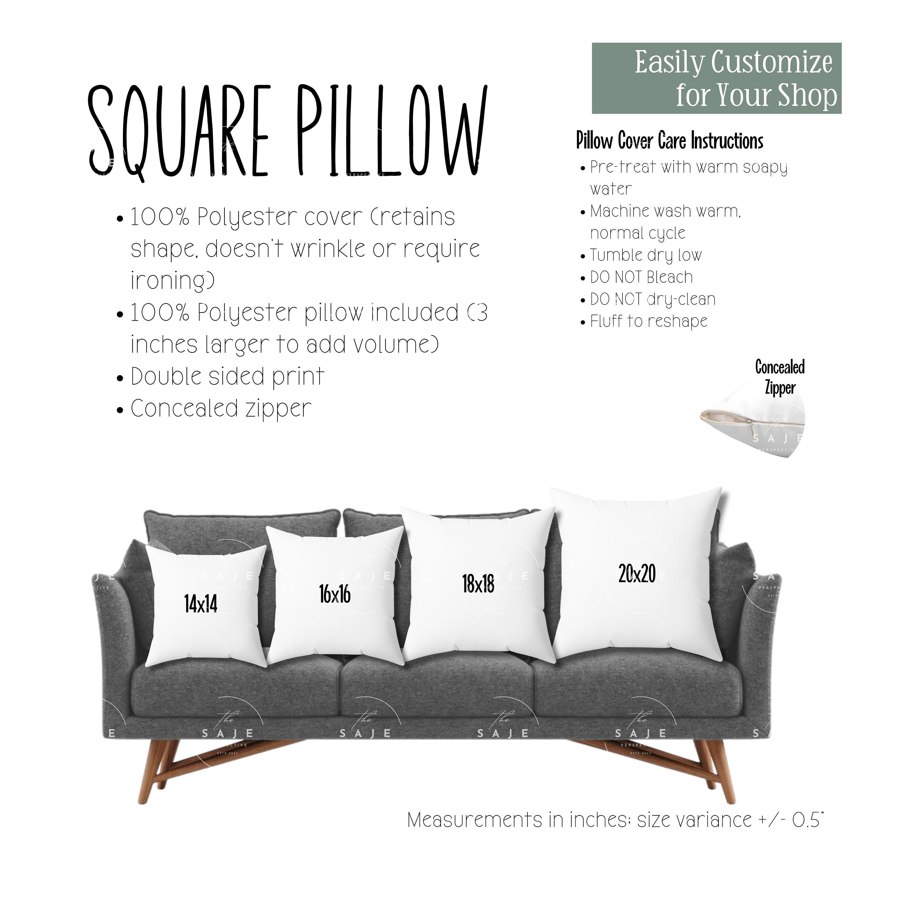 Spun Polyester Square Pillow Size & Details Chart | POD Listing Tool | Product Description Aide | Transparent PNG Ready for Customization
