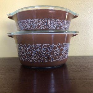 VINTAGE BROWN PYREX - Two lovely casseroles in the Woodland pattern with lids.