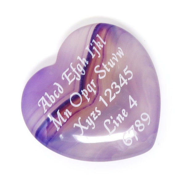 LIGHT Purple Banded Agate Stone Heart - 40mm or 1.57" Pocket - Love - Valentines - Name, Saying, Logo - Velvet Bag - Engraved Front and Back