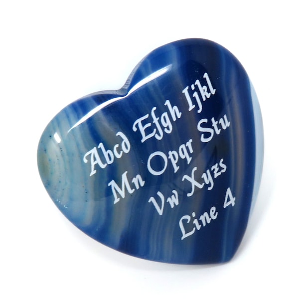 BLUE Banded Agate Stone Heart - 40mm or 1.57" Pocket Gift - Love - Valentines - Name, Saying, Logo - Velvet Bag - Engraved Front and Back
