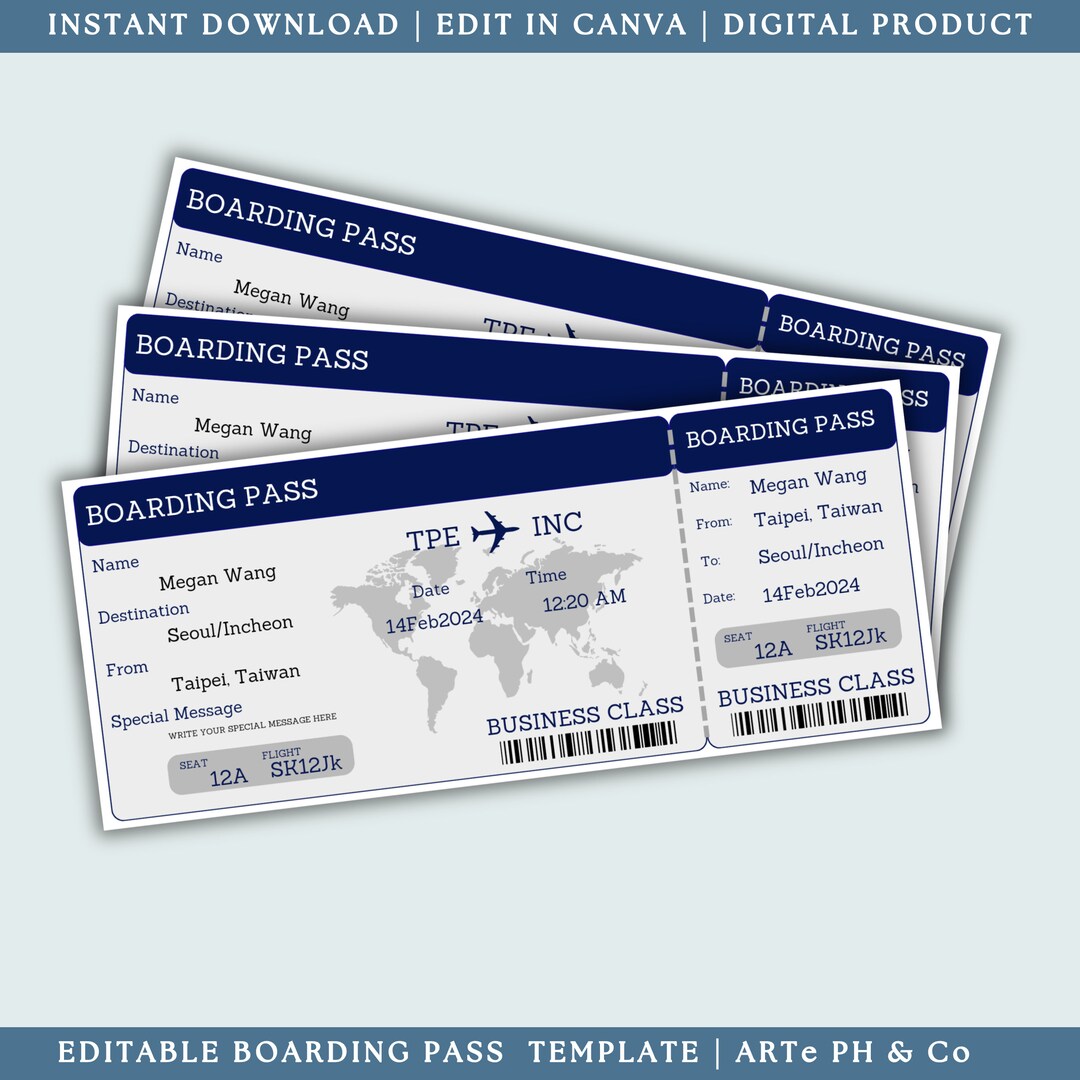 Editable Boarding Pass Template, Airline Ticket Canva, Printable