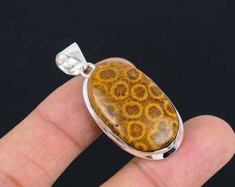 Colgante de coral fósil natural en plata de ley 925, hecho a mano