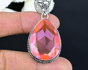 925 Sterling Silver Pink Topaz Gemstone Handmade Jewelry Cross Pendant