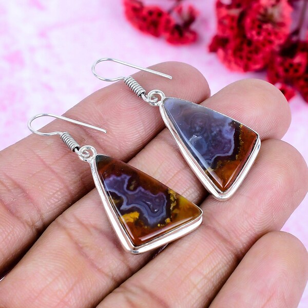 Pendientes de ágata Crazy Lace en plata de ley 925 / Joyería artesanal con piedras preciosas / Pendientes colgantes estilo boho / Regalo de aniversario