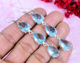 Edelsteenoorbellen aquamarijn in 925 sterlingzilver | Handgemaakte edelsteensieraden | Boho hangoorbellen | Cadeau voor haar
