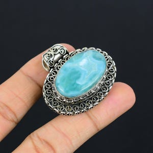 Natural Blue Larimar Pendant, 925 Sterling Silver Jewelry, Handmade Gemstone Pendant, Oval Larimar Silver Designer Pendant, Birthday Gift