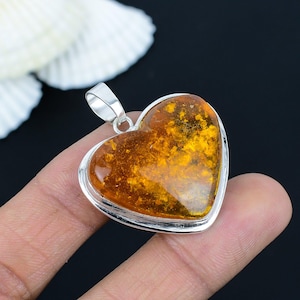 Beautiful Baltic Amber Heart Pendant, 925 Sterling Silver Jewelry, Baltic Amber Heart Shape Gemstone Silver Jewelry, Gift For Valentin&#39;s Day