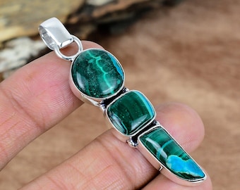 Colgante de malaquita y azurita natural, colgante de plata de ley 925, joyería de diseño de malaquita, colgante de plata y azurita y malaquita, regalo para ella