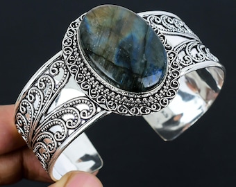 Labradorite Cuff Bracelet: Handmade 925 Sterling Silver Bangle, Boho Gemstone Jewelry