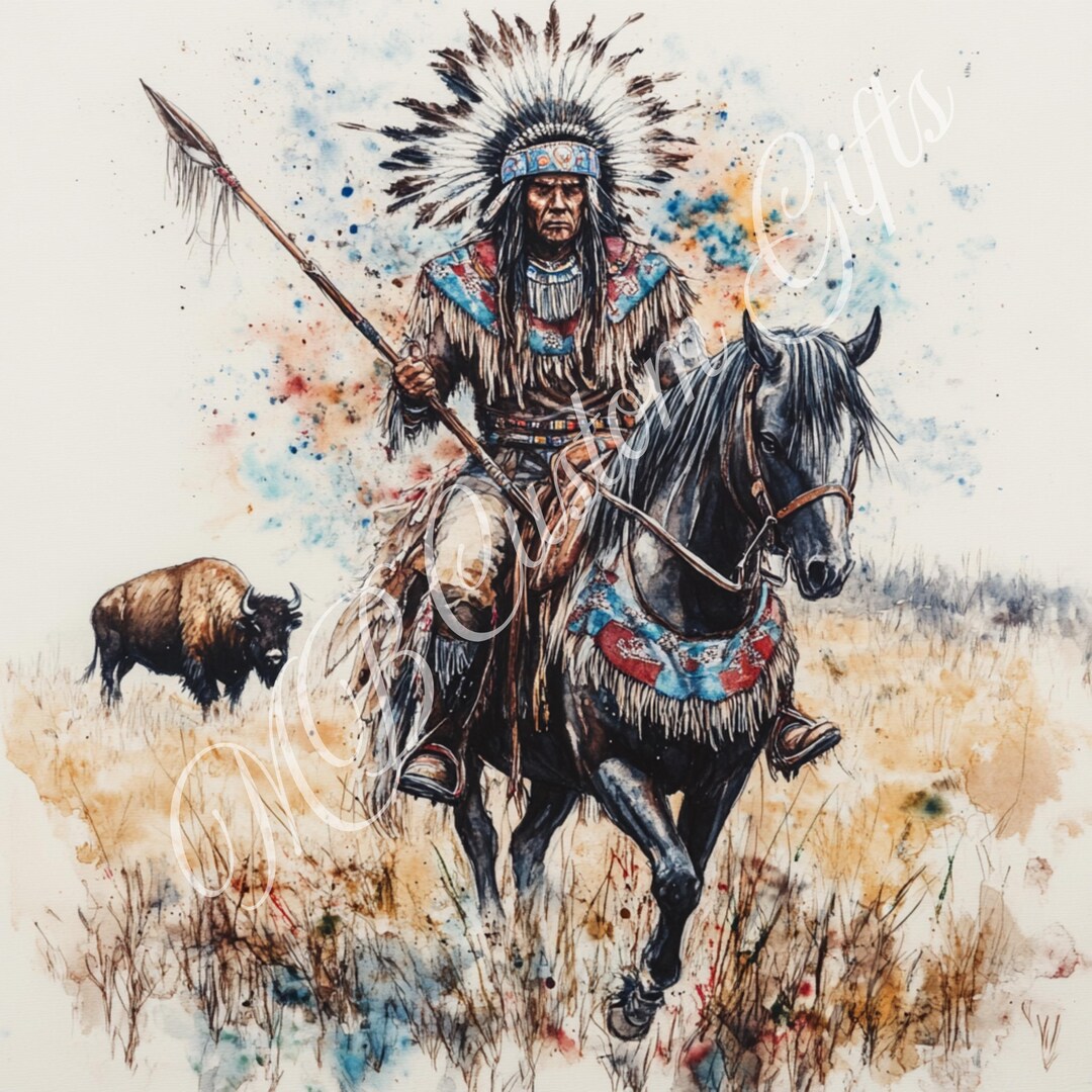 Native American Warrior Digital Art | 10x10 PNG Western Horseback Scene ...