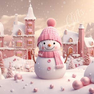 Pink Snowman Digital Art | 10x10 PNG Winter Wonderland Print | Pastel Christmas Wall Decor | Cute Holiday Castle Scene Download