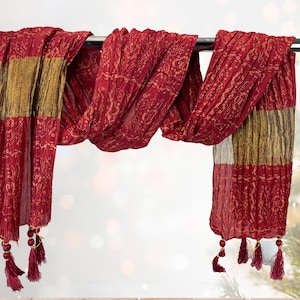 Indian Bandhani Wedding Dupatta | Dark Red & Gold Chunni | Traditional Desi Shadi Shawl Festive Party Wear | Stole for Groomsmen, Bridesmaid