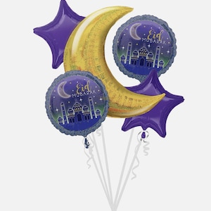 May include: A festive balloon bouquet featuring a large gold crescent moon, two round balloons with a mosque design and the text "Eid Mubarak", and two purple star-shaped balloons. The balloons are attached to white sticks.