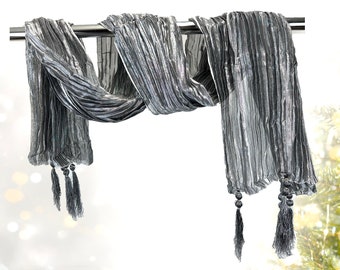 Metallic Silver Gray Indian Traditional Fancy Dupatta / Groom's Dupatta Silver Gray Silk Fancy Scarf | Indian Party Wear for women
