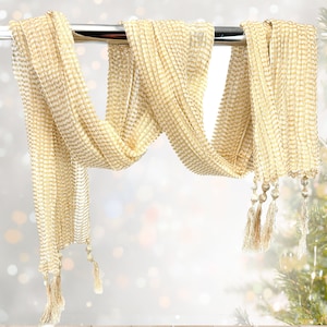 Indian Traditional Fancy Dupatta w/ Tassels | Groom's Dupatta Ivory Gold Beige Silk Scarf Light Weight Sheer Shawl Party Wear Festival Scarf