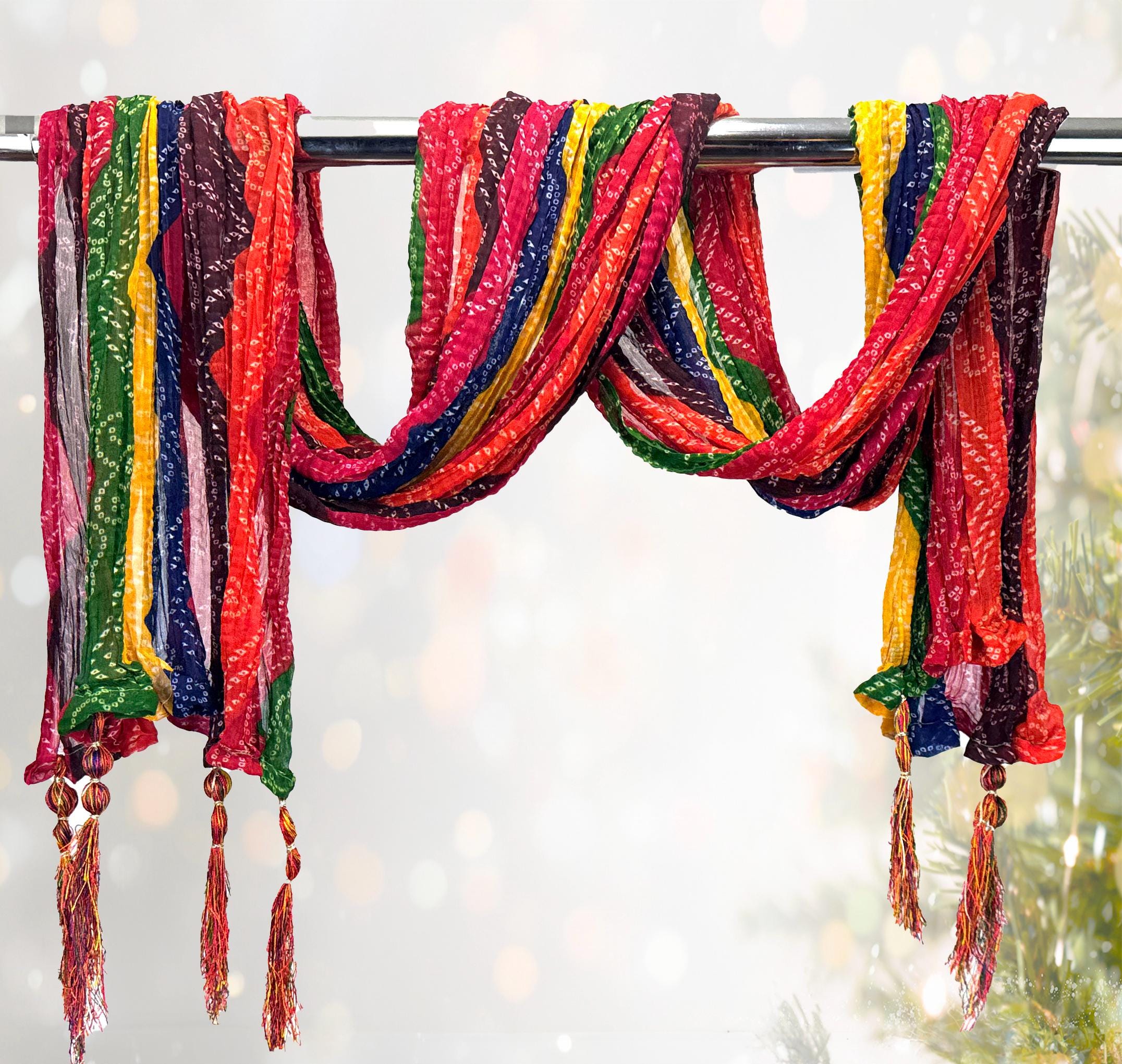 Colorful Chunri Dupatta with Long Tassels | Traditional Bandhej Dupatta Indian Wedding, Multicolor Party wear For Women